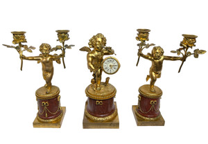 Fine French gilt Bronze and marble   clock set . Fine French gilt Bronze and marble   clock set .
