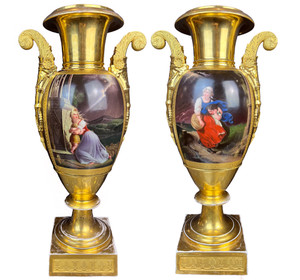 Pair of Paris Darte Freres Porcelain Portrait Vases with Gold-Ground Acanthus Scroll form Handles C. 1810