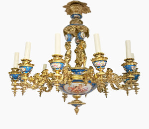 Ornate Sevres style Porcelain and Ormolu Putti Chandelier Ornate Sevres style Porcelain and Ormolu Putti Chandelier