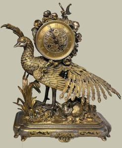 French Japonisme Gilt and Silvered Bronze Clock Garniture Set By E.F. Caldwell & Co.
