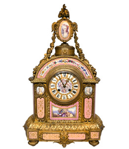 French Sevres Style Gilt Bronze Porcelain Clock (Vincent & Cie) French Sevres Style Gilt Bronze Porcelain Clock (Vincent & Cie)