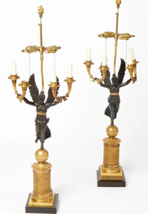 Pair of French Empire Gilt and Patinated Bronze Figural Candelabra Table Lamps Pair of French Empire Gilt and Patinated Bronze Figural Candelabra Table Lamps