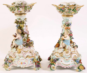 Pair of Meissen Neo-Rococo Figural Reticulated Centerpiece Compotes on Stands