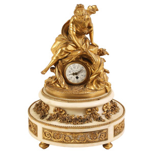 French Venus and Cupid Gilt Bronze and White Marble Mantle Clock