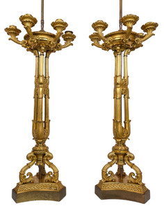 Pair of Gilt Bronze Six Light Neoclassical Candelabra, Mounted as Lamps Pair of Gilt Bronze Six Light Neoclassical Candelabra, Mounted as Lamps