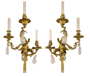 Four Rococo Style Gilt Bronze Three Light Parrot Sconces