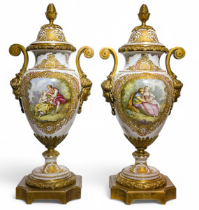 Pair of Gilt Bronze Mounted Sèvres Style Porcelain Urns Pair of Gilt Bronze Mounted Sèvres Style Porcelain Urns