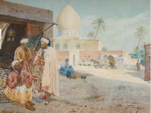 Orientalist Watercolor Painting "Before a Mosque" by Giulio Rosati, Italian (1858-1917) Orientalist Watercolor Painting "Before a Mosque" by Giulio Rosati, Italian (1858-1917)
