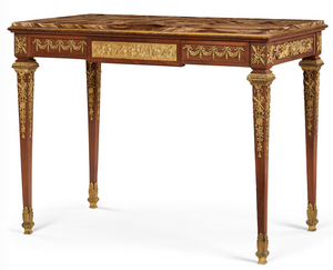 French Ormolu Mounted Mahogany Center Table w Alabaster Top