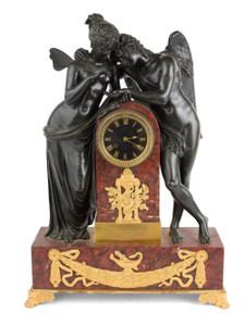 Patinated Bronze and Rouge Griotte Marble Mantel Clock