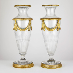 An exquisite pair of Louis XVI Style Gilt-Metal Mounted Glass Vases An exquisite pair of Louis XVI Style Gilt-Metal Mounted Glass Vases