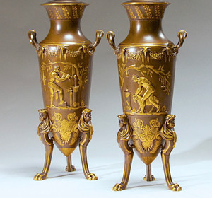 A Very Fine Pair of Painted Bronze urns  Att.  Ferdinand Levillain