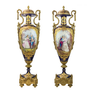A Monumental Pair of Exquisite Sevres Gilt Bronze Ormolu Mounted Vases A Monumental Pair of Exquisite Sevres Gilt Bronze Ormolu Mounted Vases