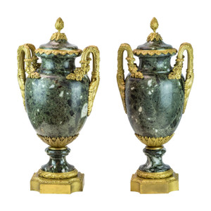 Important Pair of Louis XVI Style Ormolu-Mounted Green Marble Vases Important Pair of Louis XVI Style Ormolu-Mounted Green Marble Vases