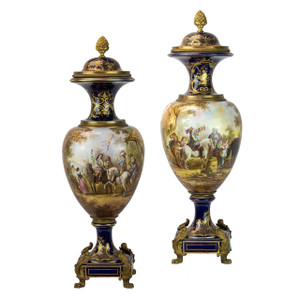 A Very Fine Pair of Sevres Style Ormolu-Mounted Cobalt Blue Ground Porcelain Vases A Very Fine Pair of Sevres Style Ormolu-Mounted Cobalt Blue Ground Porcelain Vases