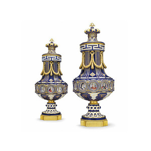 A Fine Pair of Sèvres Jeweled Cobalt-Blue Ground and Ormolu-mounted Porcelain Vases A Fine Pair of Sèvres Jeweled Cobalt-Blue Ground and Ormolu-mounted Porcelain Vases