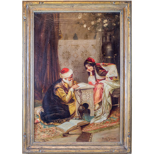 Portrait of a Man Writing a Letter with a Beautiful Woman Looking by Amedeo Simonetti Portrait of a Man Writing a Letter with a Beautiful Woman Looking by Amedeo Simonetti