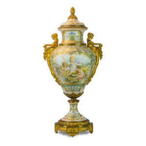 Ormolu-Mounted Sevres Style Porcelain Iridescent-Polychrome Ground Vase and Cover Late 19th Century, Signed Collot Ormolu-Mounted Sevres Style Porcelain Iridescent-Polychrome Ground Vase and Cover Late 19th Century, Signed Collot
