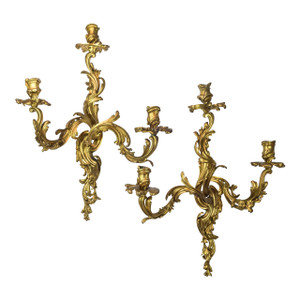 Pair of Louis XV Style Rococo Gilt Bronze Three-light Candelabra Wall Sconces Pair of Louis XV Style Rococo Gilt Bronze Three-light Candelabra Wall Sconces