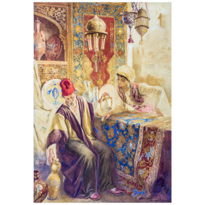 Orientalist Watercolor Painting Depicting a Merchant of Islamic Vases Orientalist Watercolor Painting Depicting a Merchant of Islamic Vases