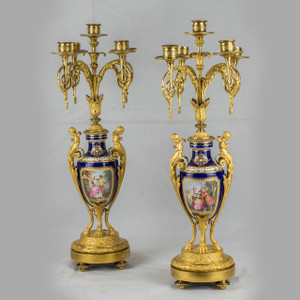 Louis XVI Style Three Piece Cobalt blue Porcelain and Bronze Clock Garniture Louis XVI Style Three Piece Cobalt blue Porcelain and Bronze Clock Garniture