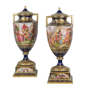 A Very Desirable Pair of Royal Vienna Porcelain Cobalt Ground Urns and Covers with Finely Painted Allegorical Scene A Very Desirable Pair of Royal Vienna Porcelain Cobalt Ground Urns and Covers with Finely Painted Allegorical Scene