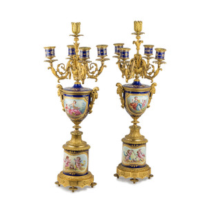 Pair of Four-branch Gilt Bronze and Jeweled Cobalt Blue Ground Sèvres style Porcelain Candelabras Pair of Four-branch Gilt Bronze and Jeweled Cobalt Blue Ground Sèvres style Porcelain Candelabras