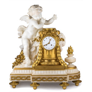 French Ormolu and White Marble Winged Cherub Clock French Ormolu and White Marble Winged Cherub Clock