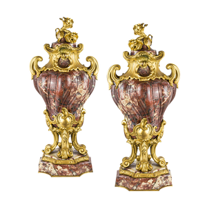 A Fine Pair of Louis XV Style Gilt-Bronze Mounted and Fleur de Pêcher Marble Cassolets A Fine Pair of Louis XV Style Gilt-Bronze Mounted and Fleur de Pêcher Marble Cassolets