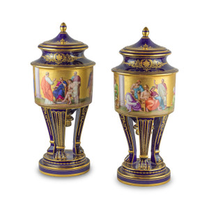 A Fine Pair of Vienna Style Porcelain Gilt and Cobalt-Blue Ground Vases with Covers A Fine Pair of Vienna Style Porcelain Gilt and Cobalt-Blue Ground Vases with Covers
