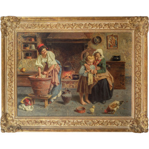 Painting of a Little Girl's Knitting Lesson from her Grandmother Painting of a Little Girl's Knitting Lesson from her Grandmother