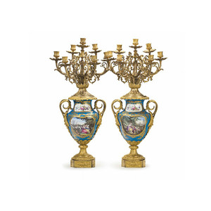 Pair of Sevres-style Turquoise-Ground Seven-Light Candelabras Pair of Sevres-style Turquoise-Ground Seven-Light Candelabras