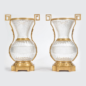 A Fine Pair of Large French Ormolu-Mounted Cut Crystal Vases A Fine Pair of Large French Ormolu-Mounted Cut Crystal Vases