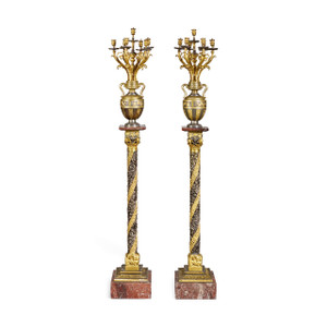 Gilt and Silvered Bronze Candelabras on Pedestal Gilt and Silvered Bronze Candelabras on Pedestal