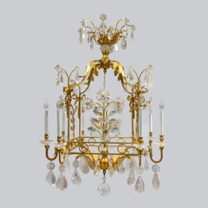 Gilt-Metal and Rock Crystal Cage-Formed Eight-Light Chandelier Gilt-Metal and Rock Crystal Cage-Formed Eight-Light Chandelier