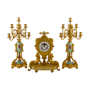 Napoleon III Sevres Porcelain Mounted Ormolu Clock set Napoleon III Sevres Porcelain Mounted Ormolu Clock set