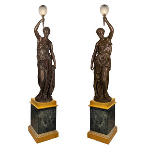 An Important Pair of Monumental Parcel-Gilt and Patinated Bronze Figural Torchères Cast by F. Barbedienne An Important Pair of Monumental Parcel-Gilt and Patinated Bronze Figural Torchères Cast by F. Barbedienne