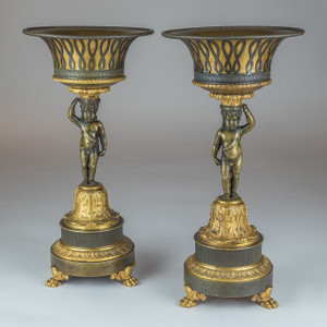 A High Quality Pair of Patinated and Gilt Bronze Figural Empire Tazzas A High Quality Pair of Patinated and Gilt Bronze Figural Empire Tazzas