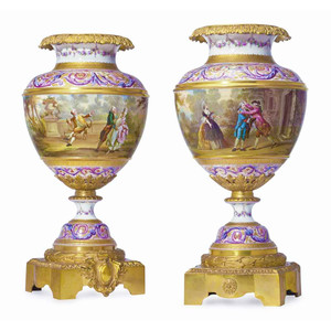 An Exquisite Pair of Ormolu-Mounted Sevres Style Pale-Pink Ground Porcelain Vases An Exquisite Pair of Ormolu-Mounted Sevres Style Pale-Pink Ground Porcelain Vases