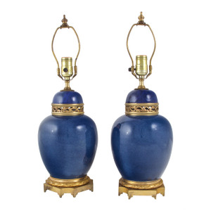 Pair of French Ormolu-Mounted Blue-Ground Porcelain Vases Fitted as Lamps Pair of French Ormolu-Mounted Blue-Ground Porcelain Vases Fitted as Lamps