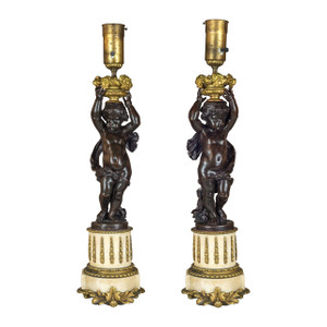 Pair of French Patinated Bronze and Gilt-Metal Figural Lamps Pair of French Patinated Bronze and Gilt-Metal Figural Lamps