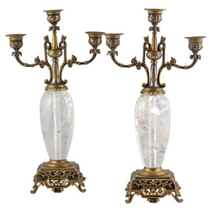 Pair of Silvered and Gilt Bronze Rock Crystal Three-Light Candelabra  Pair of Silvered and Gilt Bronze Rock Crystal Three-Light Candelabra