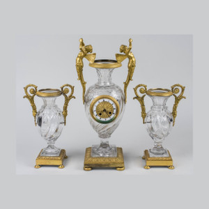 French Gilt-Bronze and Glass Clock Garniture French Gilt-Bronze and Glass Clock Garniture