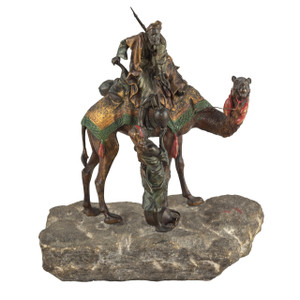 A Fine Austrian Cold-painted Bronze Figures Depicting an Arab on a Camel Fetching Water From a Woman by Franz Bergman