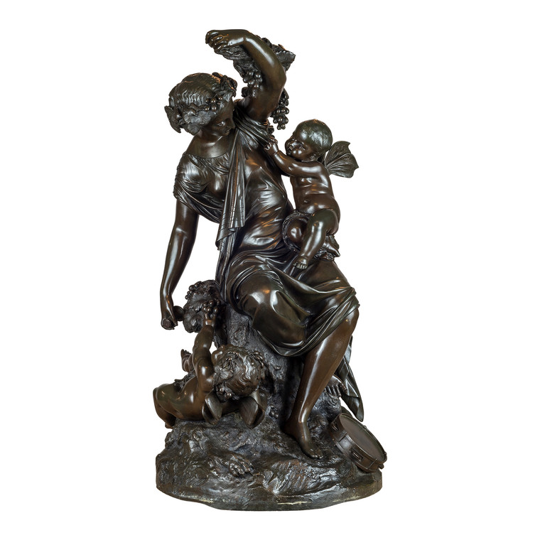 A Fine Quality Patinated Bronze Sculpture of Grecian Style Female with Putti by Auguste Moreau