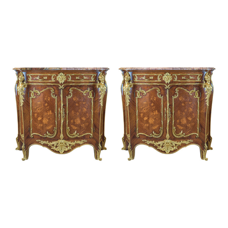 Exquisite Quality Pair of Louis XV Style Ormolu Mounted Credenza by Fontainebleau