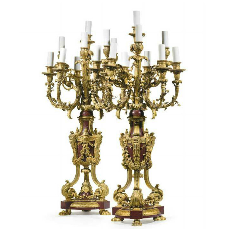 A Pair of Late 19th Century Ormolu and Rouge Marble Ten-Light Candelabras
