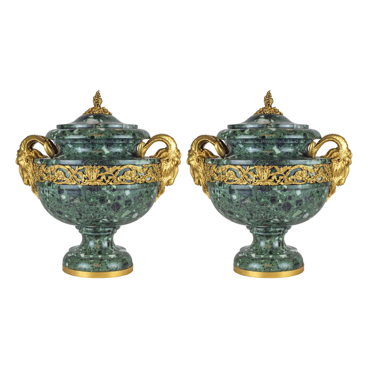 A Very Special Pair of Louis XVI Style Ormolu Mounted Verde Antico Marble Urns and Cover