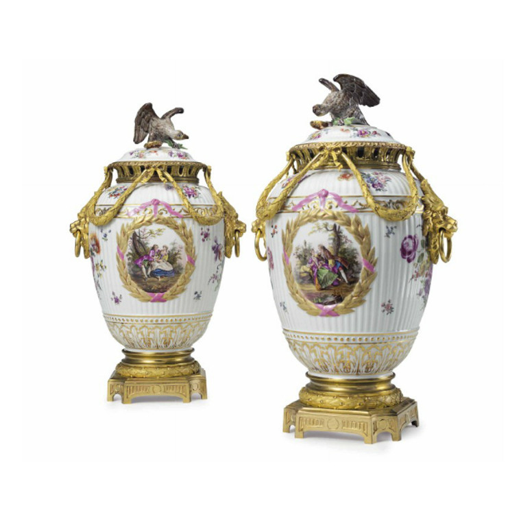 A Fine Pair of Gilt Bronze Mounted Painted Porcelain Vases and Eagle Finial Covers by K.P.M.