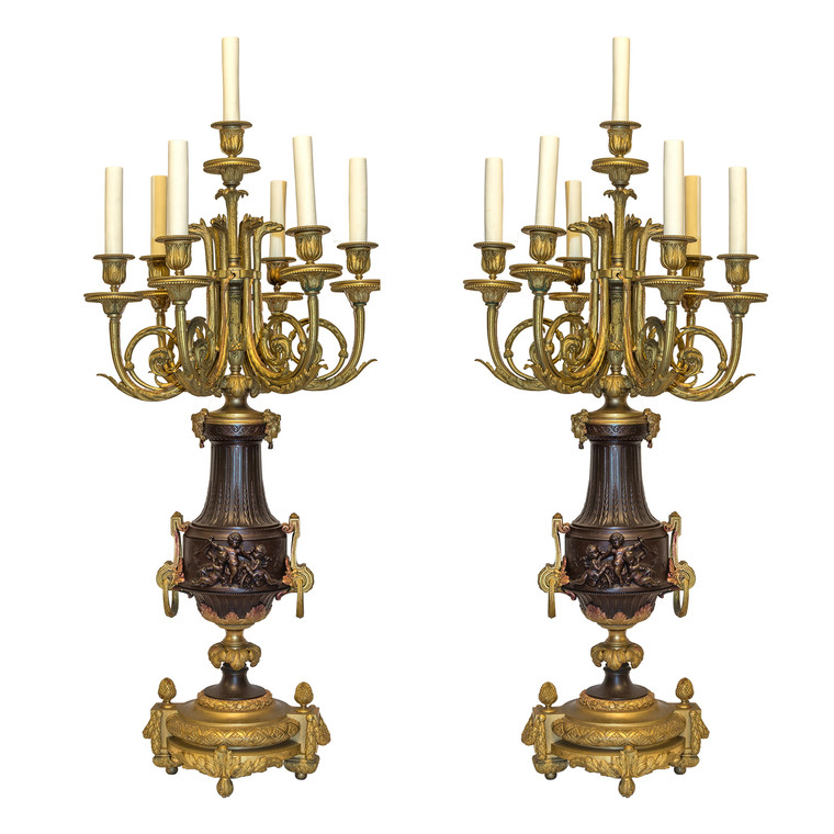 Pair of Gilt and Patinated Bronze Seven-Light Figural Candelabras